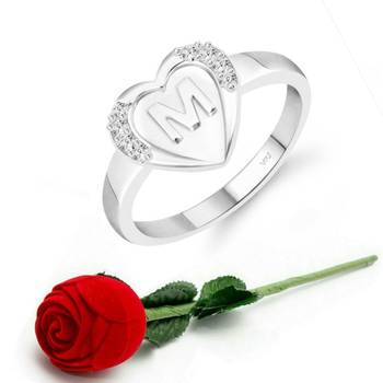 Vighnaharta cz alloy Rhodium plated Valentine collection Initial '' M '' Letter in heart ring alphabet collection 1