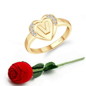 Vighnaharta cz alloy Gold plated Valentine collection Initial '' V '' Letter in heart ring alphabet collection 1