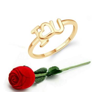 Vighnaharta Initial I LOVE YOU  (CZ) Gold Plated Ring For Girls with Scented Velvet Rose Ring 1