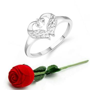 Vighnaharta Cute Mayur Heart CZ Rhodium Plated Ring   with Scented Velvet Rose Ring 1