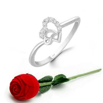 Vighnaharta Diamond studded Cute  Heart CZ Rhodium Plated Ring   with Scented Velvet Rose Ring 1