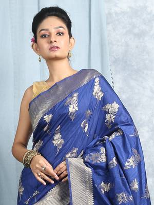 Deep Blue Zari Woven Saree With Blouse 2