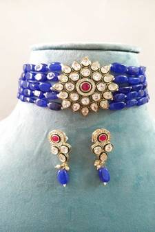 Blue Brass American Diamond High End Pendant Choker with Imitation Beads