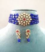 Blue Brass American Diamond High End Pendant Choker with Imitation Beads