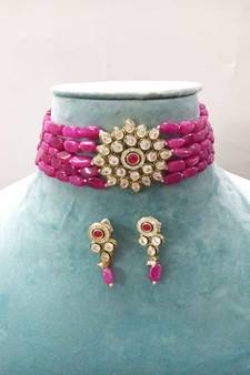 Red Brass American Diamond High End Pendant Choker with Imitation Beads