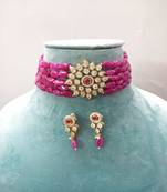 Red Brass American Diamond High End Pendant Choker with Imitation Beads