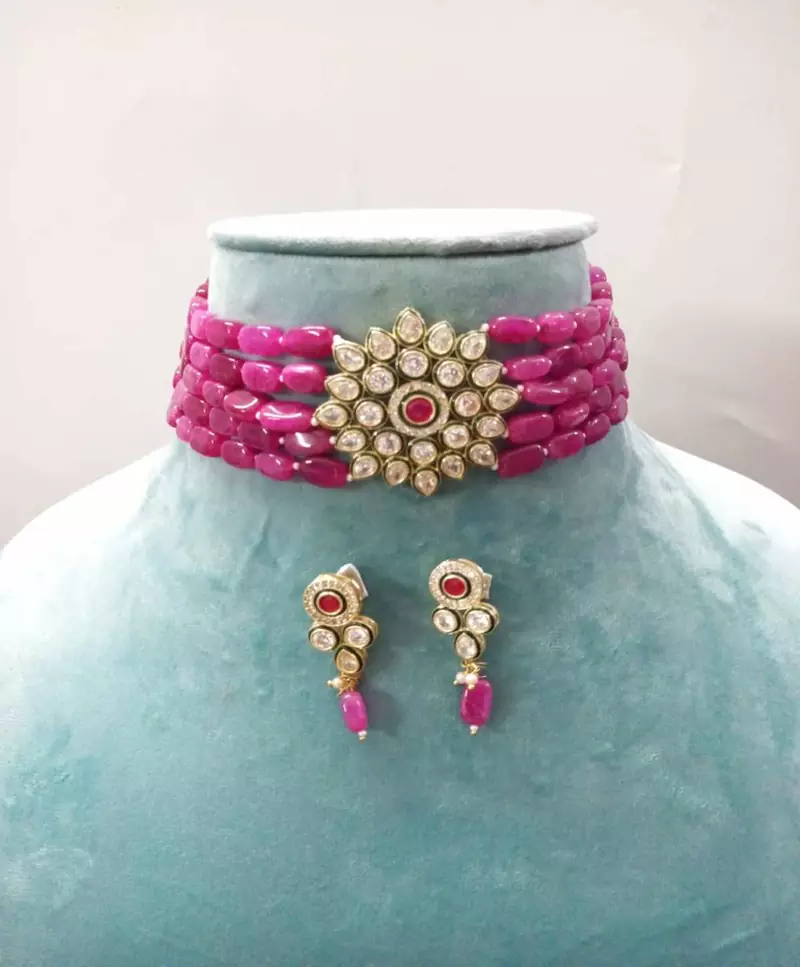 Red Brass American Diamond High End Pendant Choker with Imitation Beads