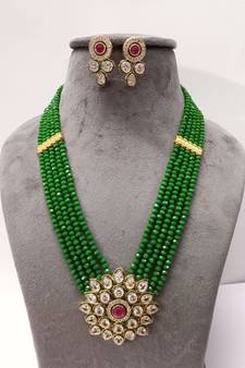 Brass American Diamond High End Pendant Choker with Imitation Beads