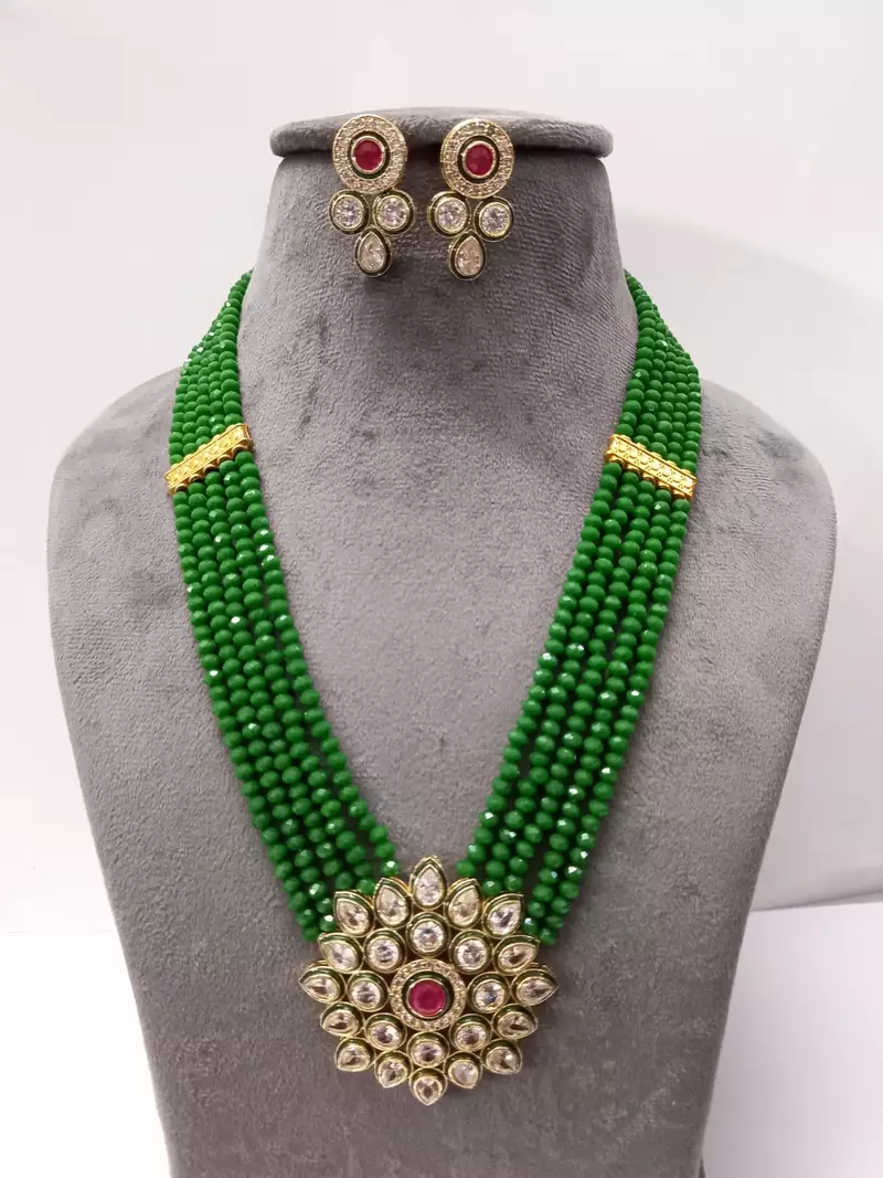 Brass American Diamond High End Pendant Choker with Imitation Beads