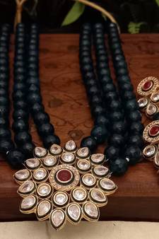 Brass American Diamond High End Pendant Choker with Imitation Beads