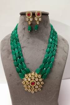 Brass American Diamond High End Pendant Choker with Imitation Beads