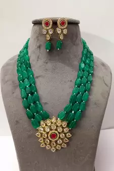 Brass American Diamond High End Pendant Choker with Imitation Beads