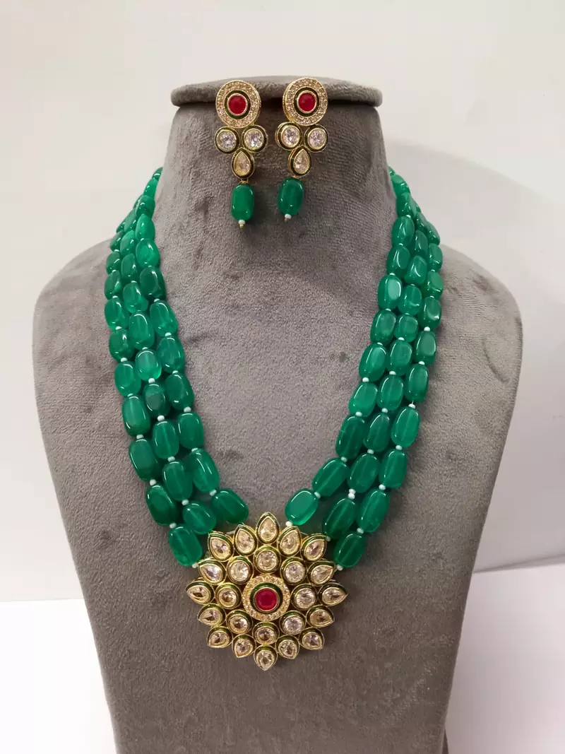 Brass American Diamond High End Pendant Choker with Imitation Beads