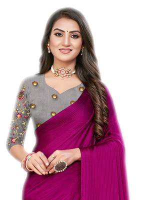 Purple plain chiffon saree with blouse 3