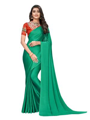 Green plain satin saree with blouse 1