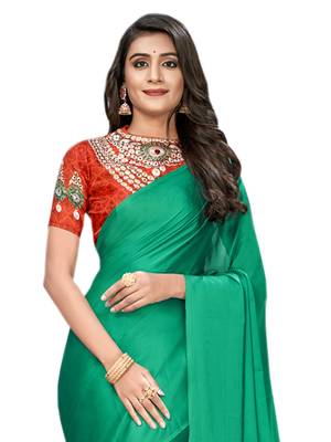 Green plain satin saree with blouse 3