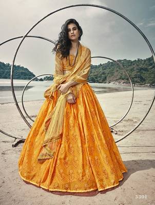 Yellow embroidered organza semi stitched lehenga 1