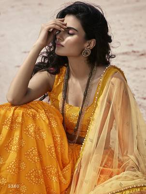 Yellow embroidered organza semi stitched lehenga 2