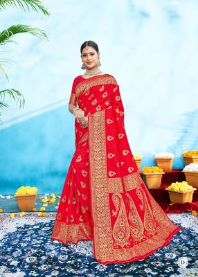 Orange woven banarasi silk saree with blouse 1