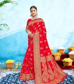 Orange woven banarasi silk saree with blouse