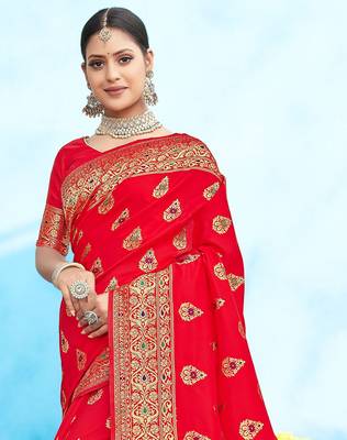 Orange woven banarasi silk saree with blouse 2