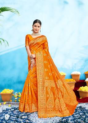 Gold woven banarasi silk saree with blouse 1