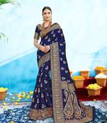 Navy blue woven banarasi silk saree with blouse