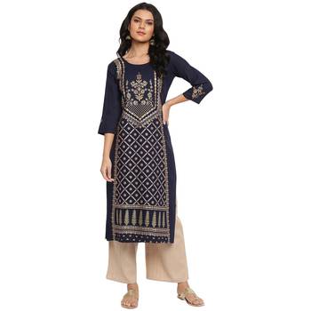 Dark-blue printed rayon ethnic-kurtis 1