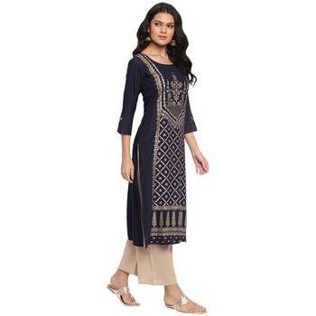 Dark-blue printed rayon ethnic-kurtis 5
