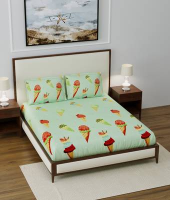 Supersoft Fitted Elastic Double Bed Kids Bedsheet Icecream Print With 2 Pillow Cover (Color-Green : Size-72" X 78") 1