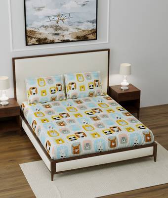 Supersoft Fitted Elastic Double Bed Kids Bedsheet Cat Heads Print With 2 Pillow Cover (Color-White : Size-72" X 78") 1