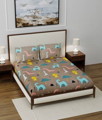 Supersoft Fitted Elastic Double Bed Kids Bedsheet Dino Print With 2 Pillow Cover (Color-Brown : Size-72" X 78") 1