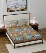 Supersoft Fitted Elastic Double Bed Kids Bedsheet Dino Print With 2 Pillow Cover (Color-Brown : Size-72" X 78")