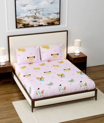 Supersoft Fitted Elastic Double Bed Kids Bedsheet With 2 Pillow Cover (Color-Pink, : Size-72" X 78") 1