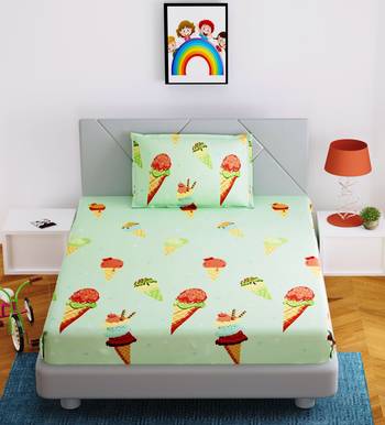 Fitted Single Elastic Bedsheet Glace Cotton Beautiful Ice cream With 1 Pillow Cover(Color:Pista Green,Size:36 X 78 Inch) 1
