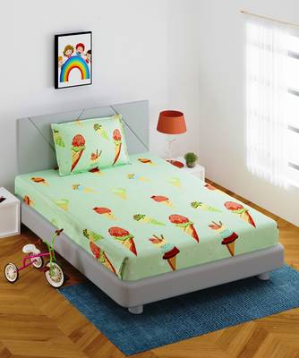 Fitted Single Elastic Bedsheet Glace Cotton Beautiful Ice cream With 1 Pillow Cover(Color:Pista Green,Size:36 X 78 Inch) 2