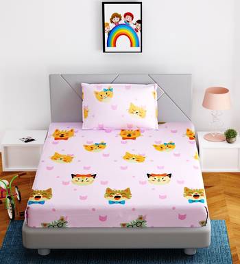 Fitted Single Elastic Bedsheet Pure Glace Cotton Funny Cat Face With 1 Pillow Cover (Color:Baby Pink, Size:36 X 78 Inch) 1