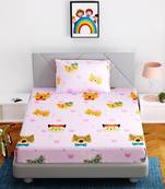 Fitted Single Elastic Bedsheet Pure Glace Cotton Funny Cat Face With 1 Pillow Cover (Color:Baby Pink, Size:36 X 78 Inch)