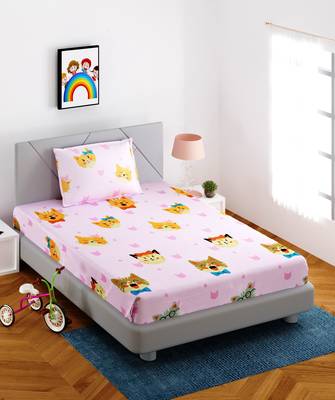 Fitted Single Elastic Bedsheet Pure Glace Cotton Funny Cat Face With 1 Pillow Cover (Color:Baby Pink, Size:36 X 78 Inch) 2
