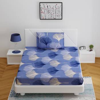 Fitted Single Elastic Bedsheet Pure Glace Cotton Leaf Print With 1 Pillow Cover (Color : Blue,  Size : 36 X 78 Inch) 1