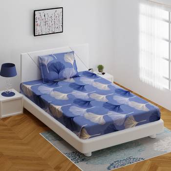 Fitted Single Elastic Bedsheet Pure Glace Cotton Leaf Print With 1 Pillow Cover (Color : Blue,  Size : 36 X 78 Inch) 2