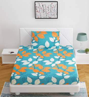 Fitted Single Elastic Bedsheet Pure Glace Cotton Leaf Print With 1 Pillow Cover (Color:Multicolor, Size:36 X 78 Inch) 1
