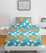 Fitted Single Elastic Bedsheet Pure Glace Cotton Leaf Print With 1 Pillow Cover (Color:Multicolor, Size:36 X 78 Inch)