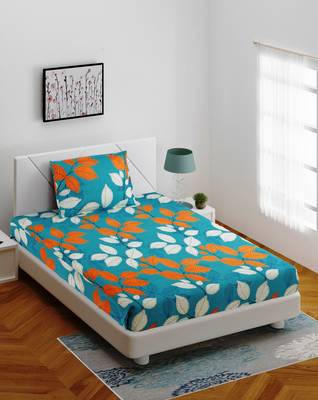 Fitted Single Elastic Bedsheet Pure Glace Cotton Leaf Print With 1 Pillow Cover (Color:Multicolor, Size:36 X 78 Inch) 2