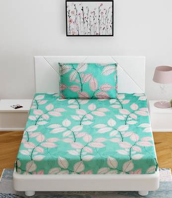 Fitted Single Elastic Bedsheet Pure Glace Cotton Leaf Print With 1 Pillow Cover (Color:Sea Green, Size:36 X 78 Inch) 1