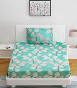 Fitted Single Elastic Bedsheet Pure Glace Cotton Leaf Print With 1 Pillow Cover (Color:Sea Green, Size:36 X 78 Inch)