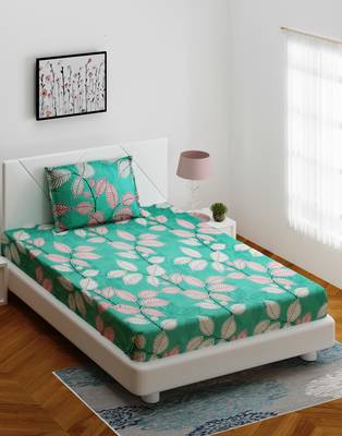 Fitted Single Elastic Bedsheet Pure Glace Cotton Leaf Print With 1 Pillow Cover (Color:Sea Green, Size:36 X 78 Inch) 2