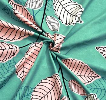 Fitted Single Elastic Bedsheet Pure Glace Cotton Leaf Print With 1 Pillow Cover (Color:Sea Green, Size:36 X 78 Inch) 3