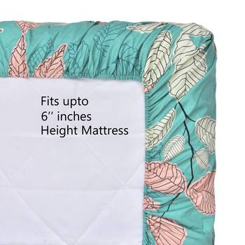 Fitted Single Elastic Bedsheet Pure Glace Cotton Leaf Print With 1 Pillow Cover (Color:Sea Green, Size:36 X 78 Inch) 5