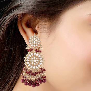 Maroon kundan Yellow Gold Alloy Earrings 3